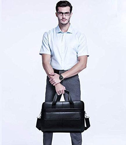 Men's premium cowhide leather briefcase for 15-inch laptops, ideal for business professionals.