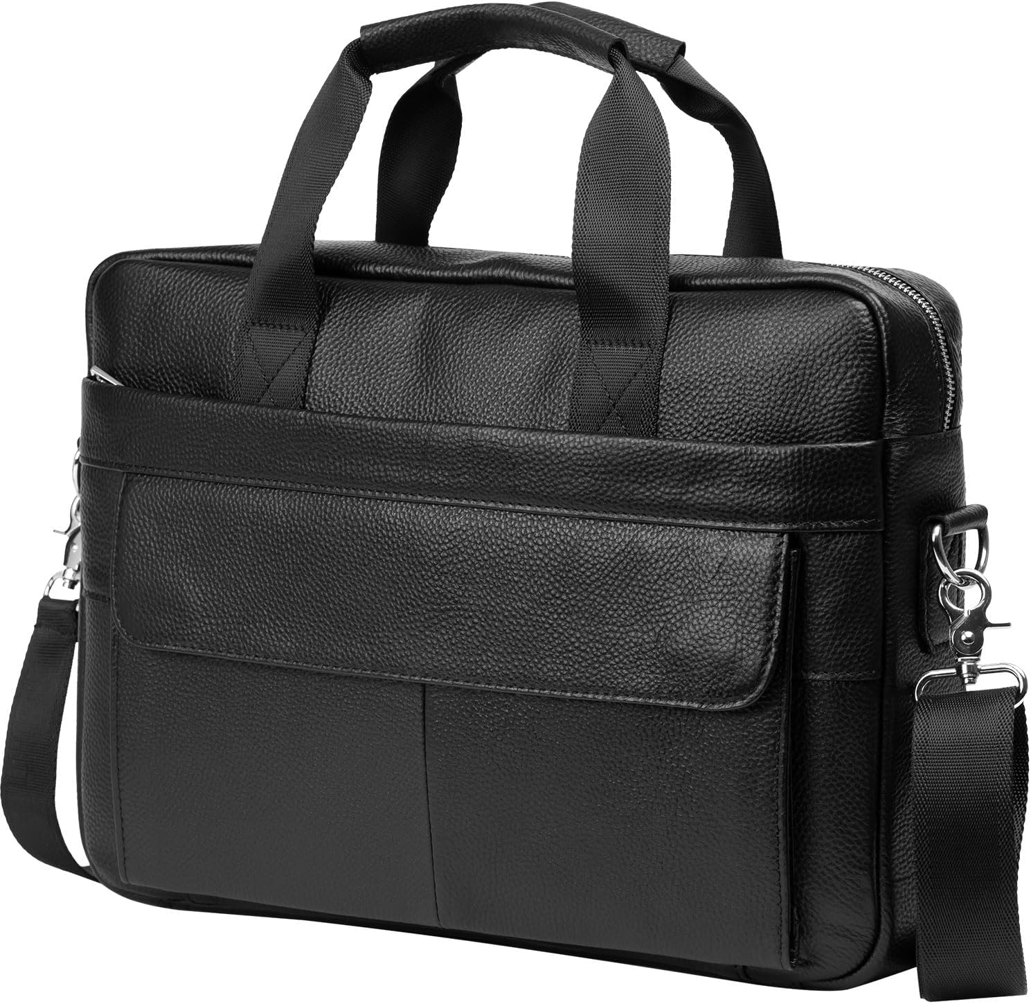 Open premium leather business briefcase, revealing organiser compartments for documents and devices.