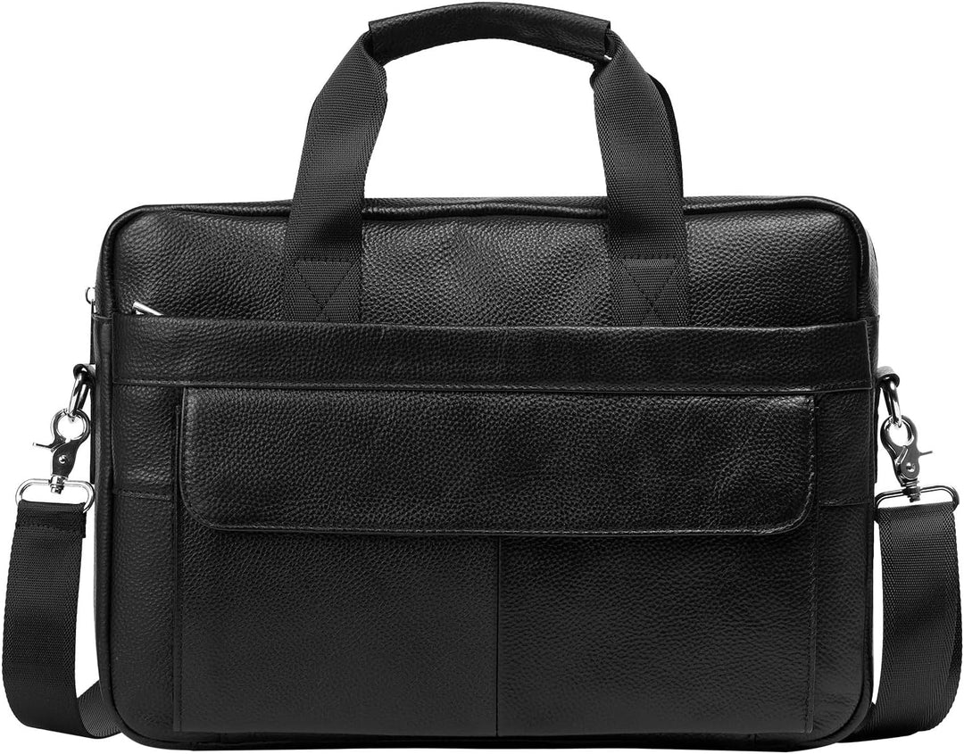 Professional man carrying a stylish men's leather business laptop bag, perfect for office or travel.