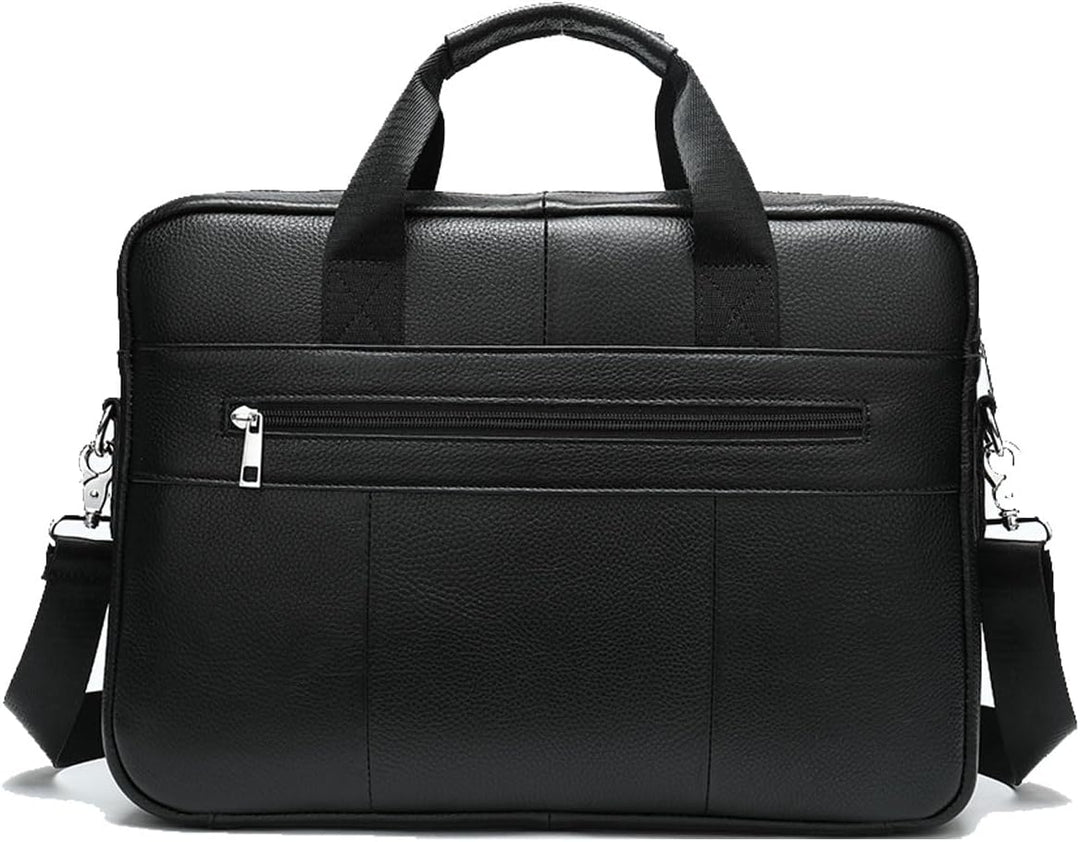 Close-up of rich cowhide leather texture and durable metal hardware on a men's professional briefcase.