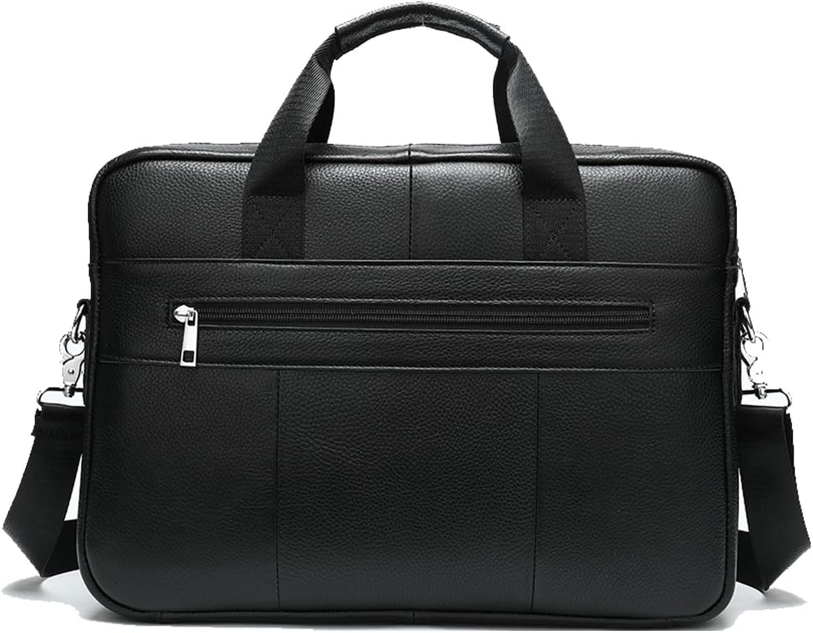 Close-up of rich cowhide leather texture and durable metal hardware on a men's professional briefcase.