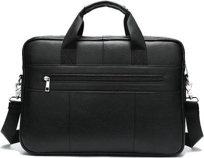 Close-up of rich cowhide leather texture and durable metal hardware on a men's professional briefcase.