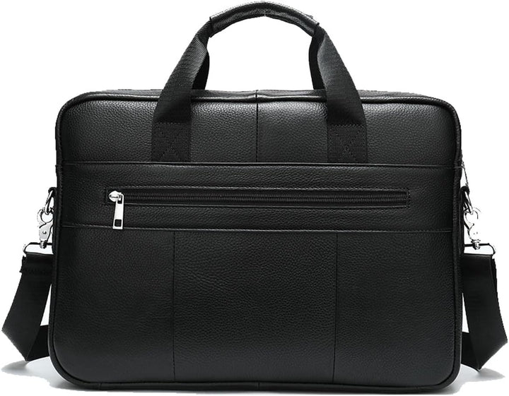 Close-up of rich cowhide leather texture and durable metal hardware on a men's professional briefcase.