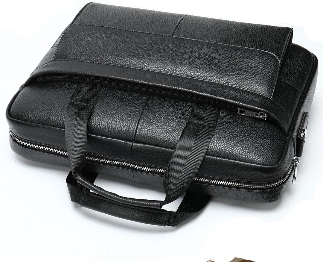Elegant men's leather business briefcase on a desk, ready for professional work or important meetings.