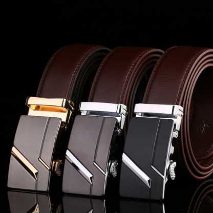 Men's fashion leather belt, premium cowhide with a modern automatic ratchet buckle.