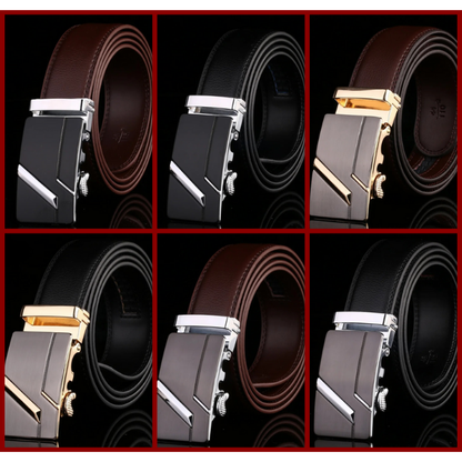 Versatile men's leather ratchet belt, smooth cowhide for both formal and casual mens fashion.