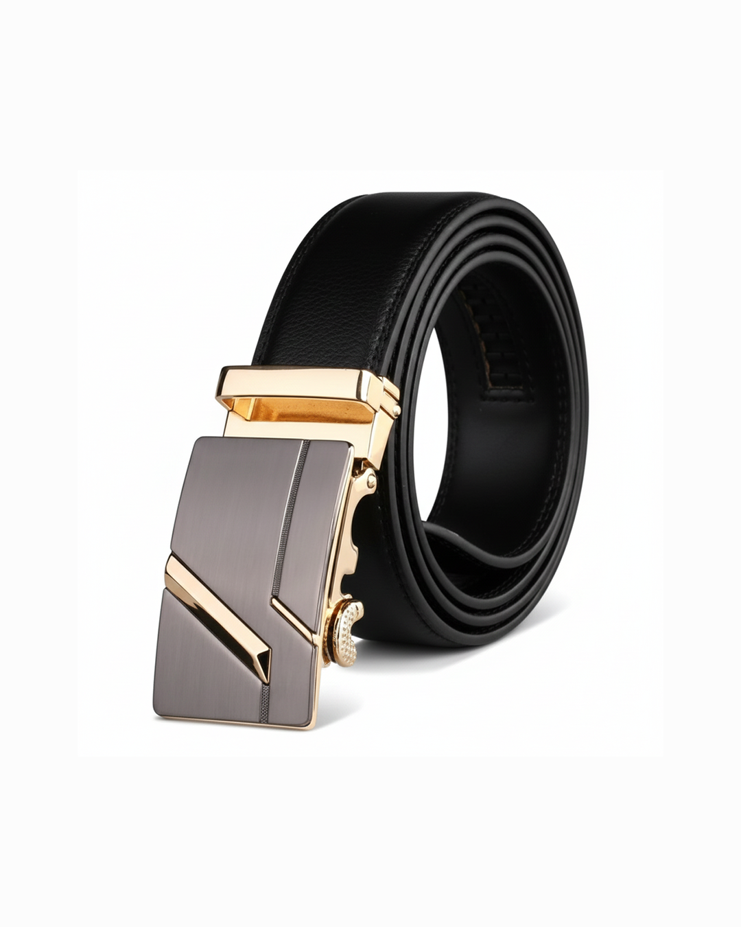 Mens dress leather belt with sleek automatic buckle, perfect for business or formal wear.