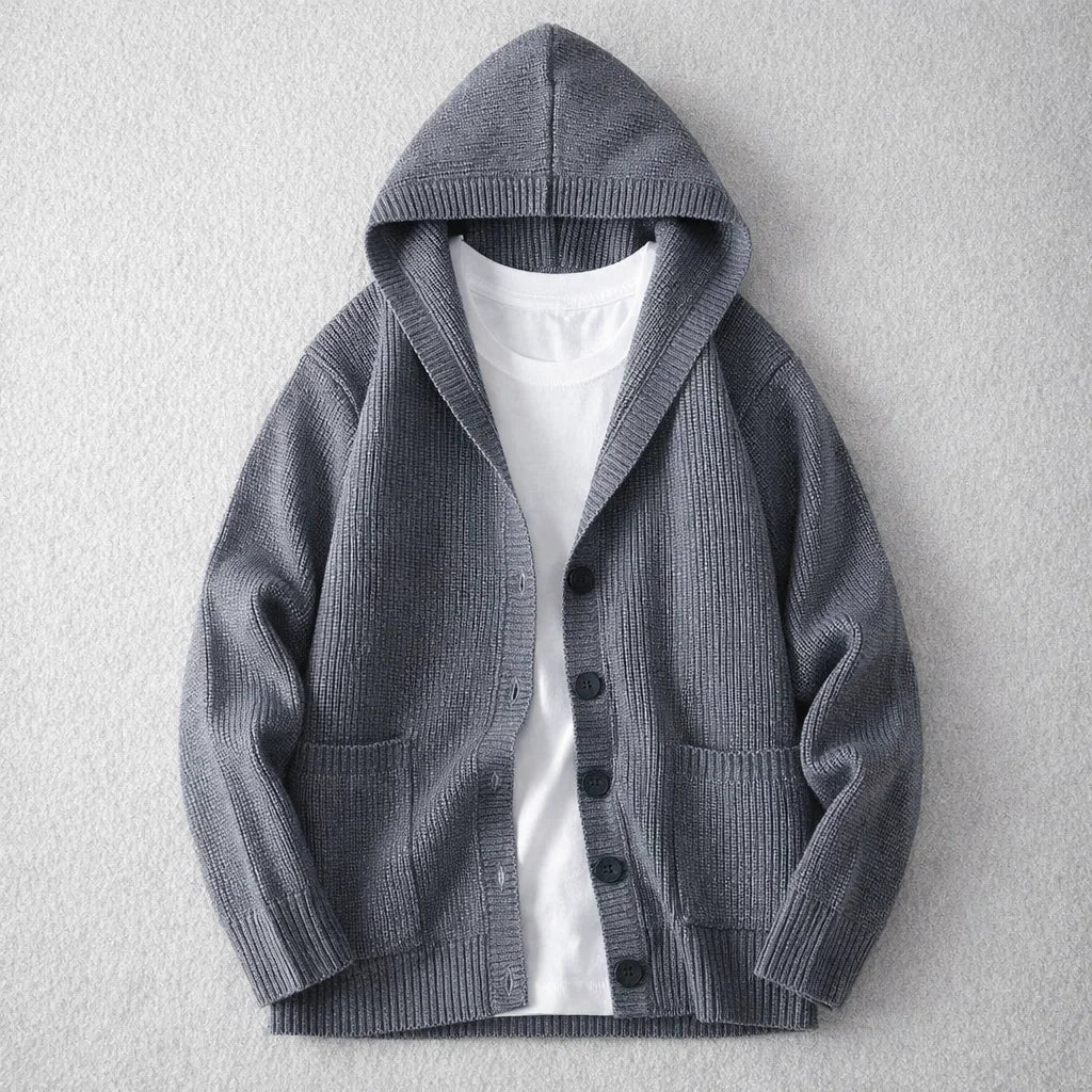 Men's premium hooded cardigan, soft knit, button-front, perfect for stylish layering in fall/winter casual fashion.