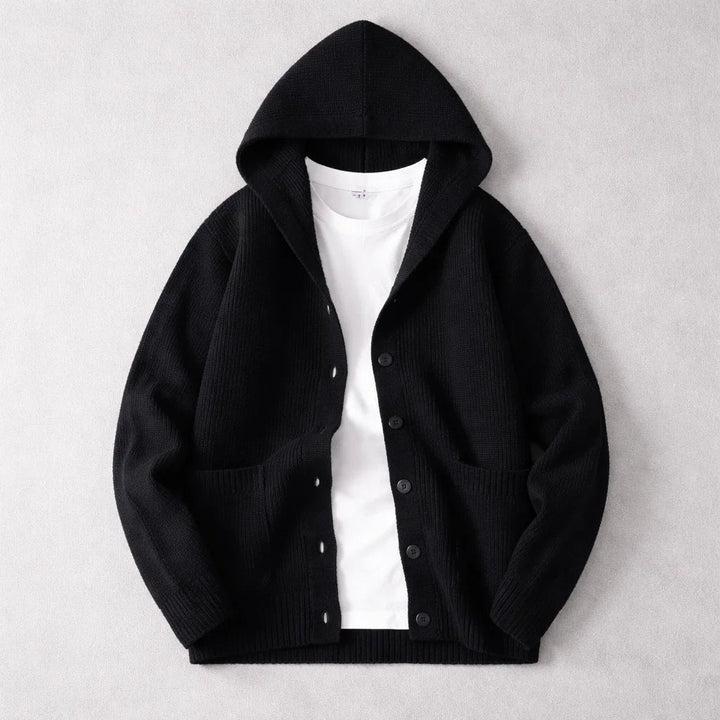 Stylish men's button-front hooded cardigan, premium knit for a warm, cozy layer. Perfect casual fall/winter wear.