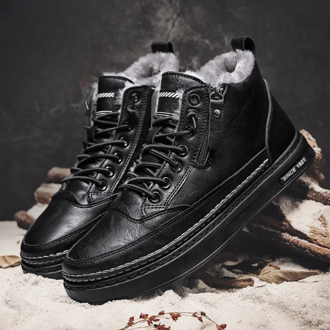 Warm men's insulated winter snow boots. Durable leather footwear for comfort & rugged style in cold weather.