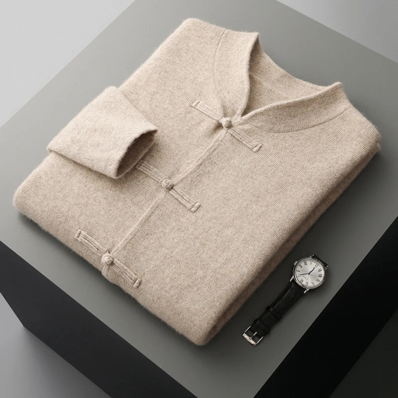 High-quality men's soft knit cardigan, a timeless wardrobe essential & versatile layer.