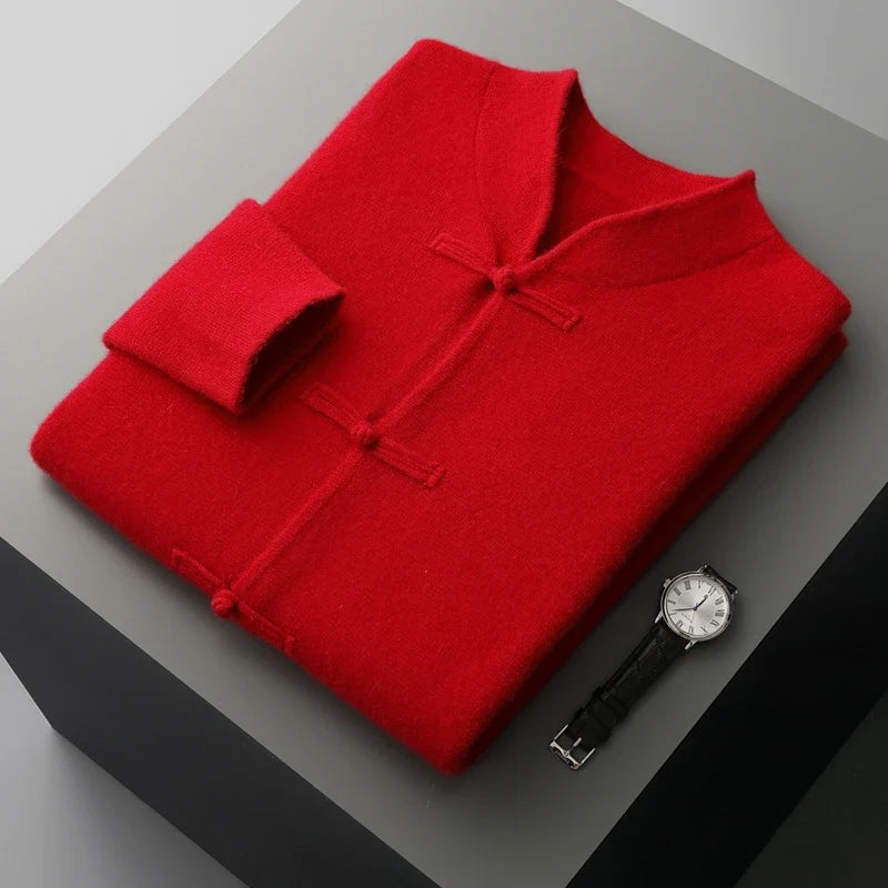 Premium men's long sleeve cardigan with refined knit texture, perfect versatile layer.
