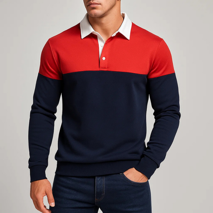 Close-up of men's premium jersey polo shirt collar, showcasing the quality cotton fabric and tailored fit.