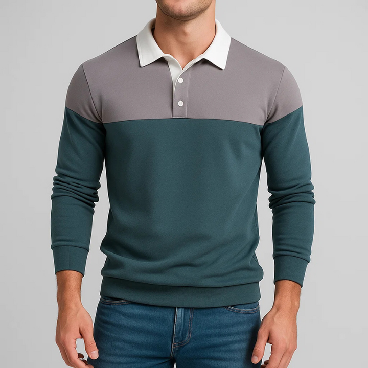 Back view of a men's classic long sleeve polo shirt, highlighting the tailored fit and premium jersey cotton.