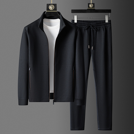 Men's premium navy tracksuit set. Stylish two-piece loungewear with zip-up hoodie & track pants. Comfortable activewear.