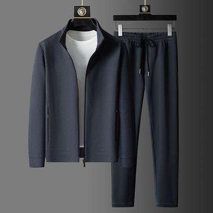 Close-up of comfortable men's tracksuit fabric. Premium loungewear set, soft material for casual or active wear.