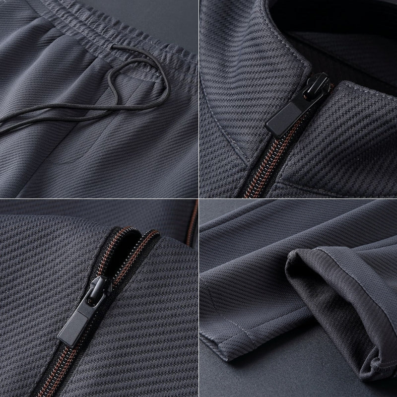 Man relaxing in a comfortable men's loungewear set. Stylish two-piece casual outfit with a zip-up hoodie & jogger pants.