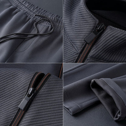 Man relaxing in a comfortable men's loungewear set. Stylish two-piece casual outfit with a zip-up hoodie & jogger pants.