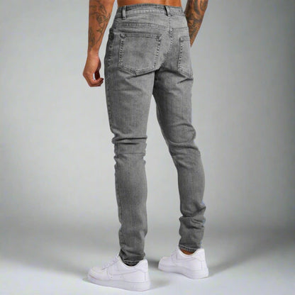 Modern fit men's stretch jeans, gray denim pants for ultimate comfort & stylish casual wear.