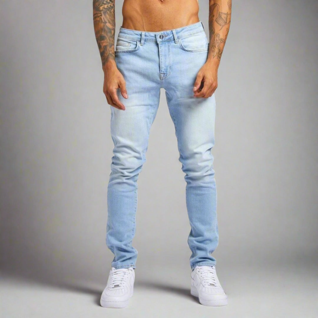 Dark wash men's stretch jeans, perfect for casual wear & a modern fit.