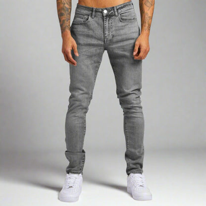 Light wash men's comfort stretch denim jeans, ideal for casual everyday style.
