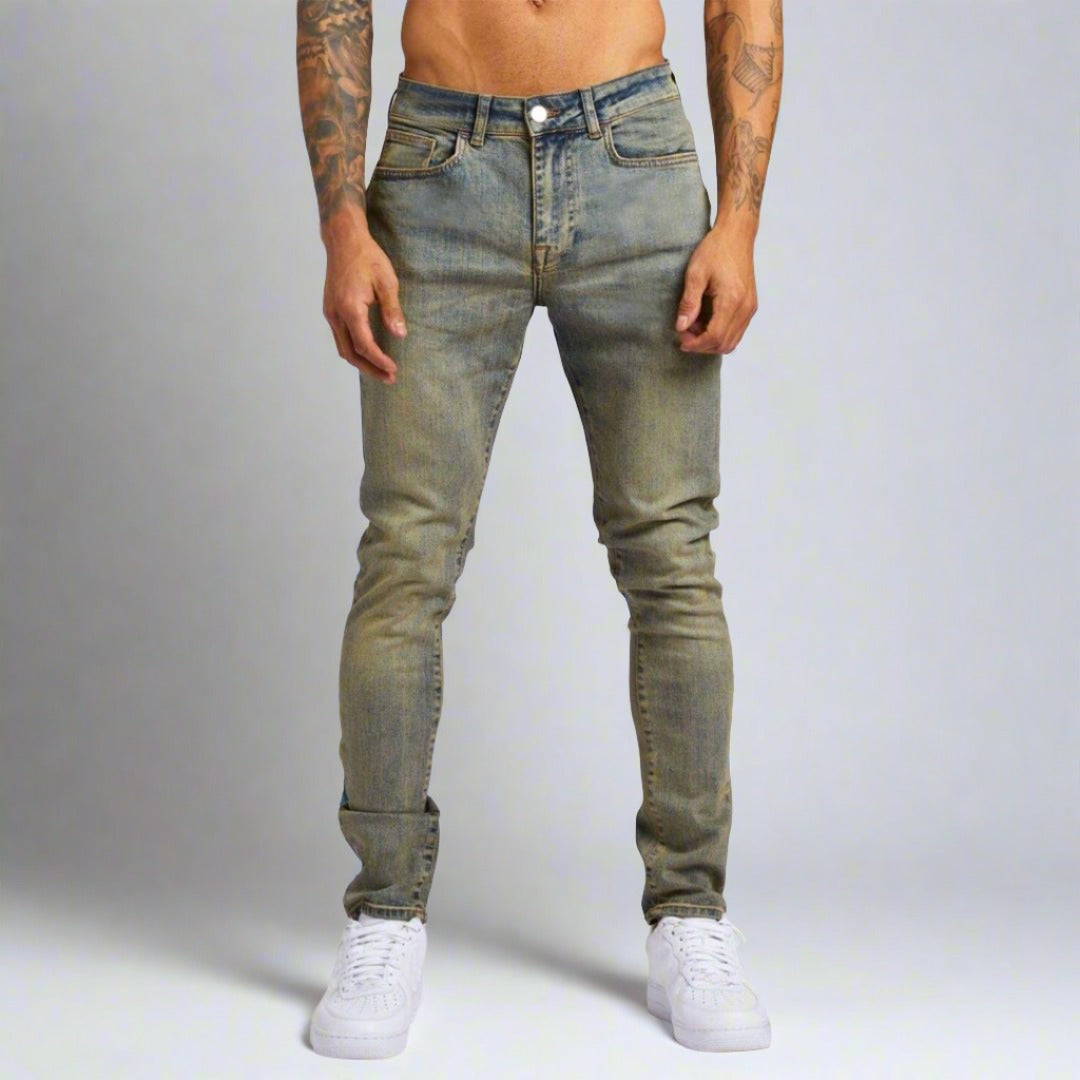 Gray men's modern fit stretch jeans, offering ultimate comfort & versatile casual wear.