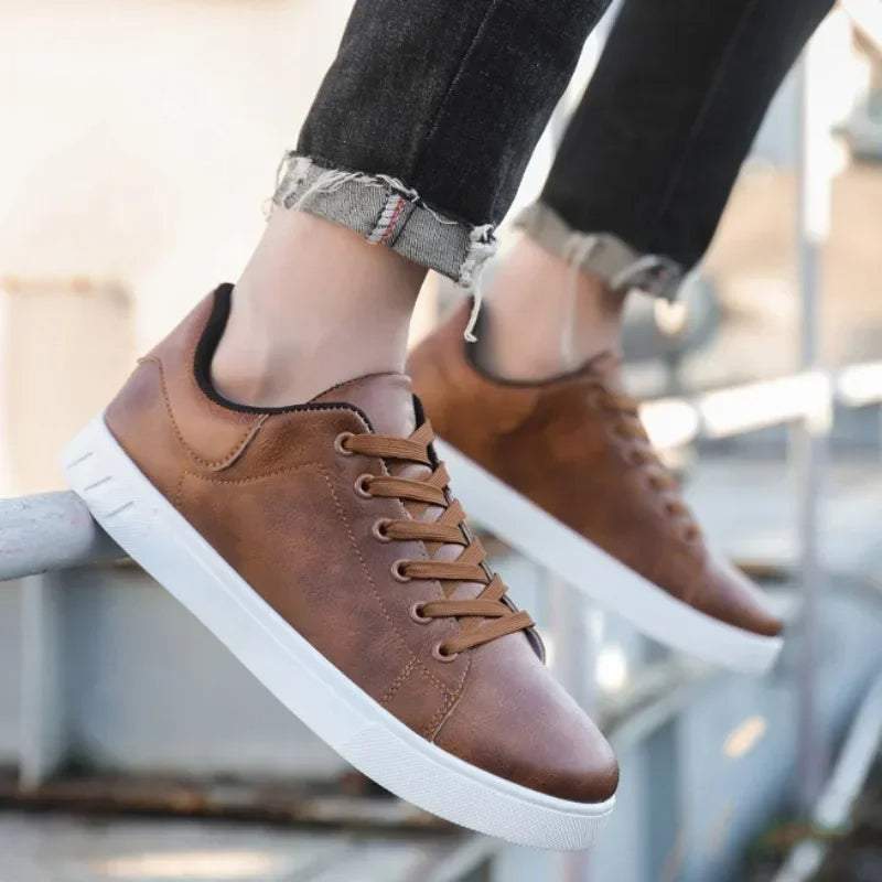 Comfortable brown men's walking shoes, all-day support, featuring a cushioned timeless style.