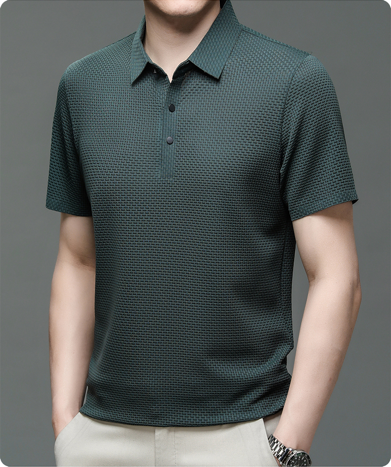 Front view of a Prestige Slim Fit Polo Shirt, short sleeve, showcasing classic design for smart casual.