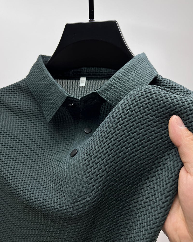 Man modeling a Prestige Slim Fit Polo Shirt, showcasing casual comfort & smart style.