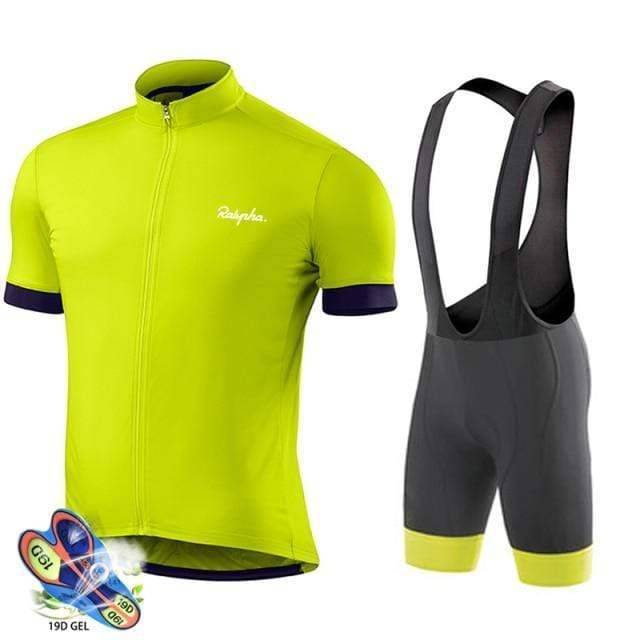 Side profile of a men's road biking cycling suit, short sleeve, emphasizing slim fit activewear design.