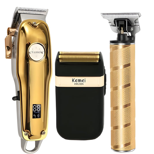 Men's professional cordless gold hair clippers and trimmer set for precise grooming.