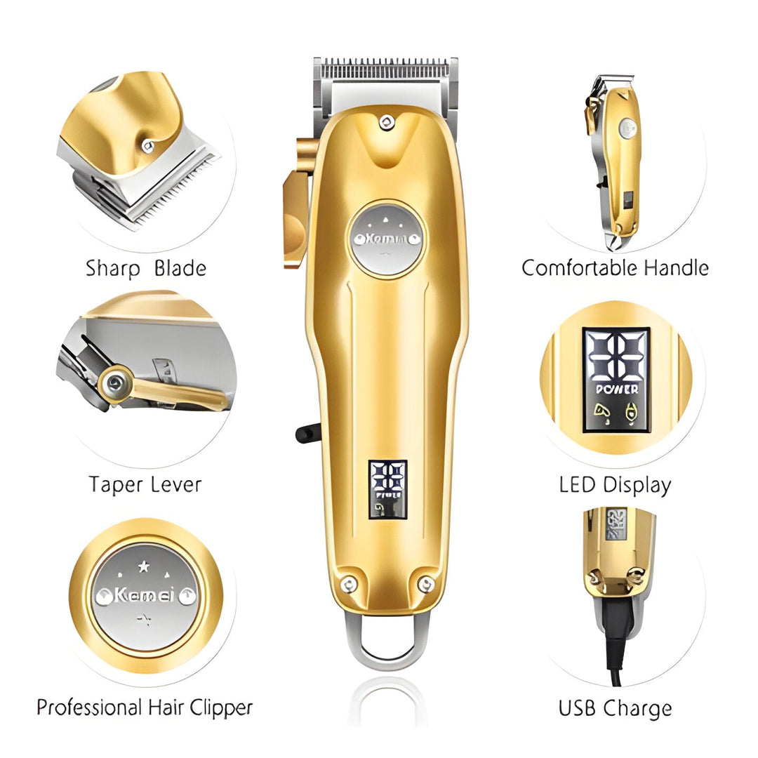 Rechargeable gold cordless hair clippers & trimmer kit, ideal for professional men's haircuts.