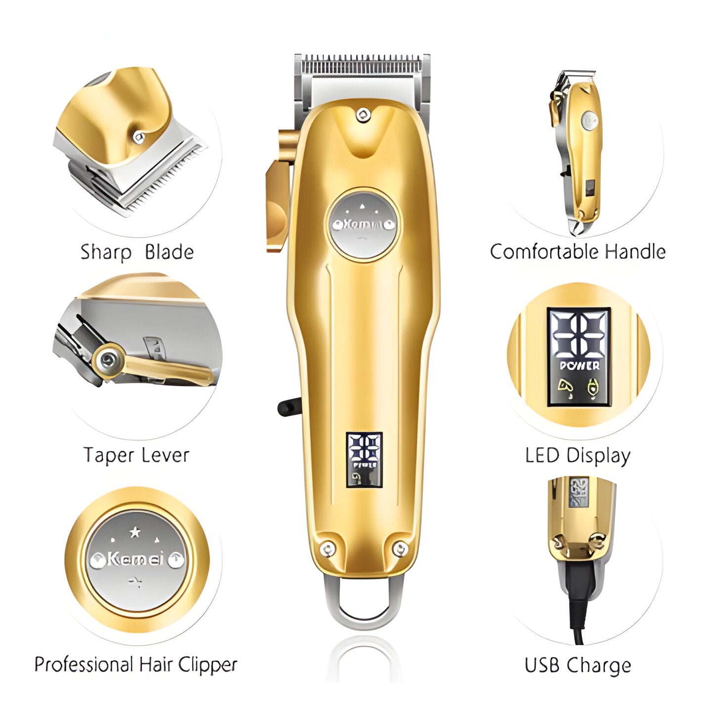 Rechargeable gold cordless hair clippers & trimmer kit, ideal for professional men's haircuts.