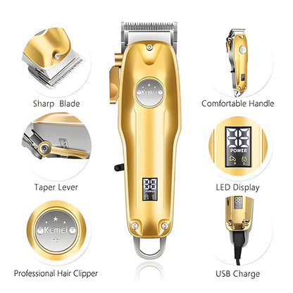 Rechargeable gold cordless hair clippers & trimmer kit, ideal for professional men's haircuts.