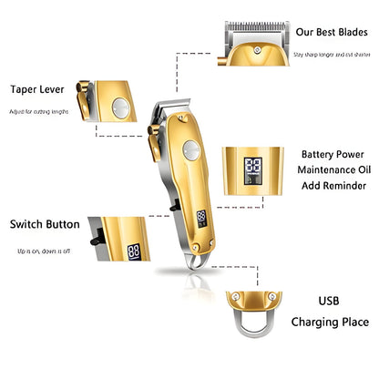 High-performance electric gold hair clippers & trimmer for professional men's grooming and styling.