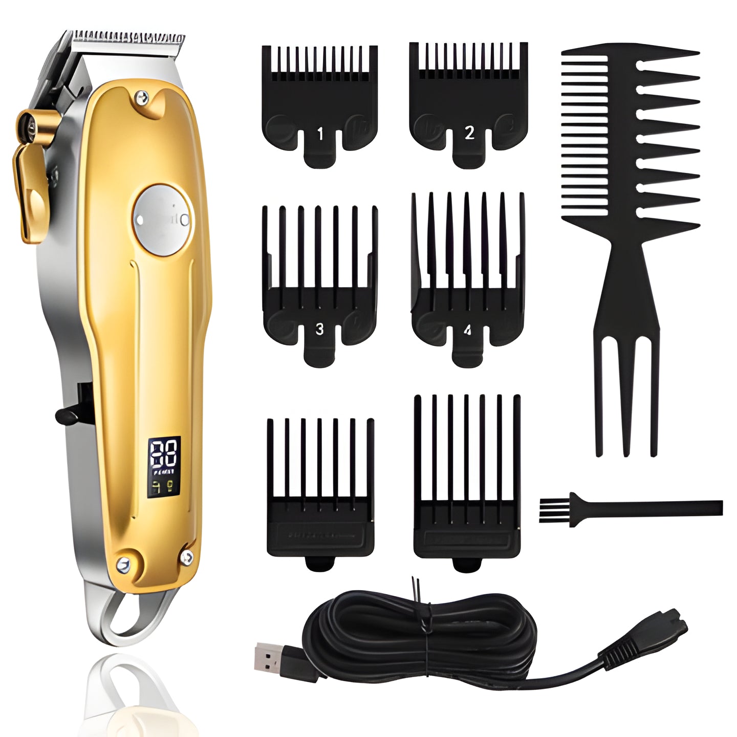 Premium gold cordless hair clippers and detail trimmer set, perfect for men's professional grooming.