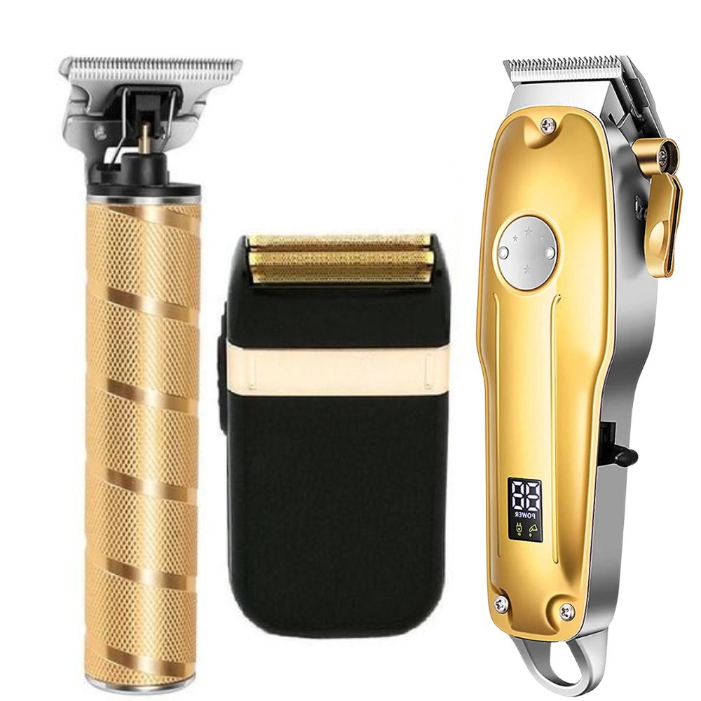Men's professional gold cordless hair clipper & trimmer set for precision grooming.