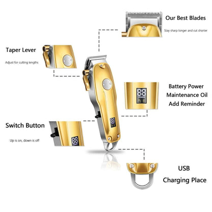 Gold cordless barbershop hair clippers, 3-in-1 kit for professional men's haircuts & detailing.