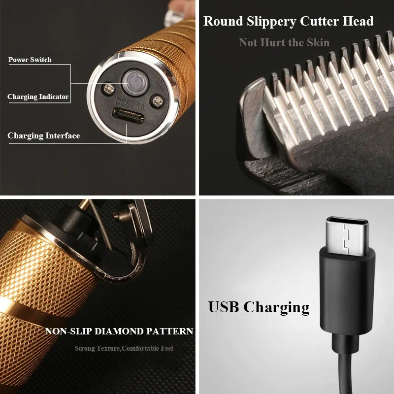 The Pro-Kit: gold cordless men's hair clippers, electric shaver, and detailer trimmer for home or pro use.