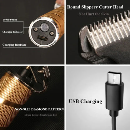 The Pro-Kit: gold cordless men's hair clippers, electric shaver, and detailer trimmer for home or pro use.