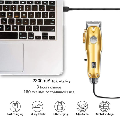 Precision gold fade clipper and detailer for men's professional grooming; cordless design.