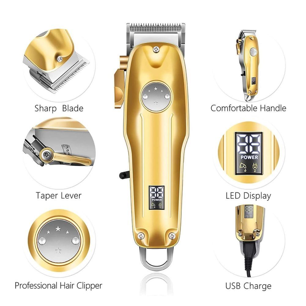 Stylish gold cordless hair trimmer and clipper set, designed for men's professional barbershop tools.