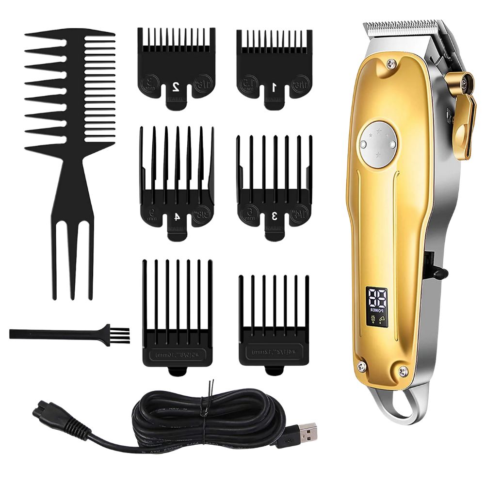 Professional gold cordless hair clippers, essential men's grooming tools for sharp lines and fades.