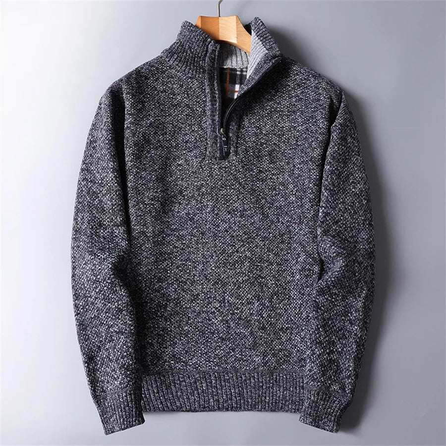 Comfortable men's quarter-zip turtleneck sweater, featuring a warm rugged knit for ultimate winter style.
