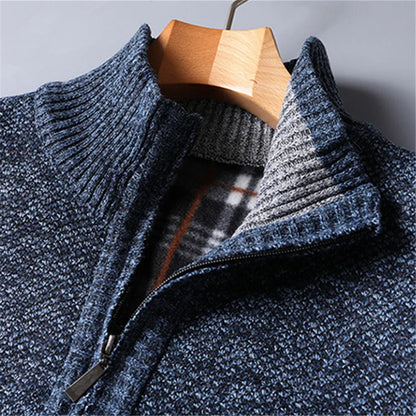 Stylish men's quarter-zip turtleneck sweater on a model, perfect for casual winter wear & comfort.