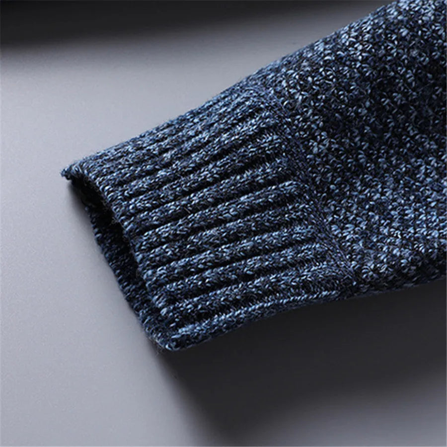 Men's quarter-zip turtleneck sweater layered over a shirt, showcasing versatile slim fit & style.