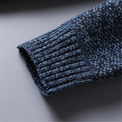 Men's quarter-zip turtleneck sweater layered over a shirt, showcasing versatile slim fit & style.