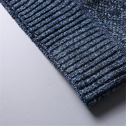 Side profile of men's quarter-zip turtleneck sweater, showing slim fit & stylish design for winter.