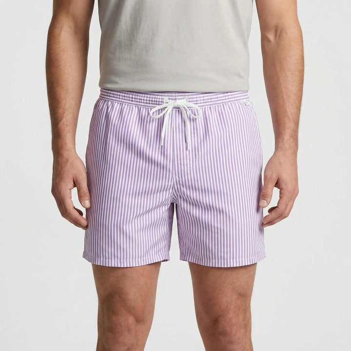 Men's quick-dry striped swim trunks, versatile swim shorts for beach, pool, and summer fashion.