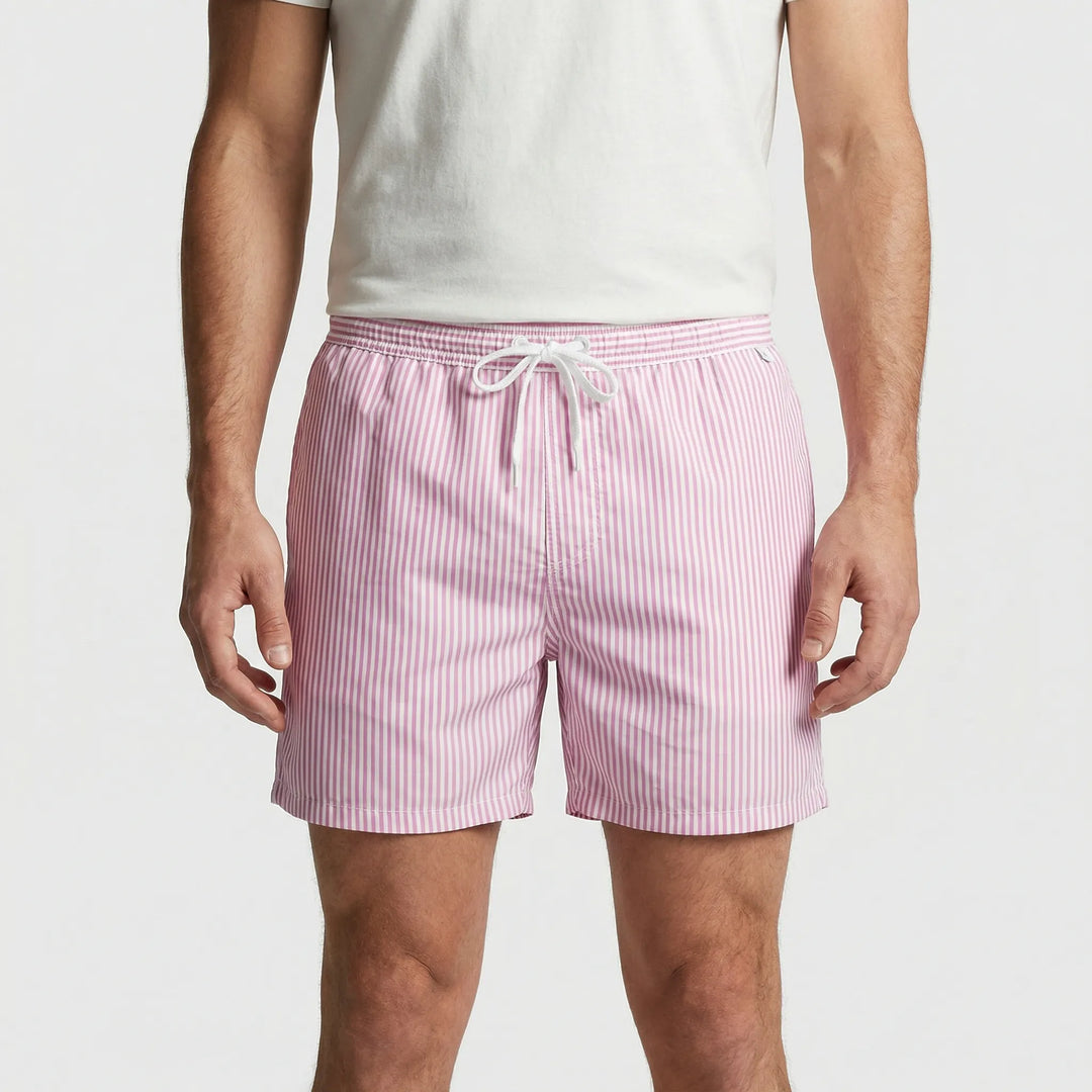 Men's striped quick-dry swim shorts, comfortable beachwear for summer and vacation essentials.